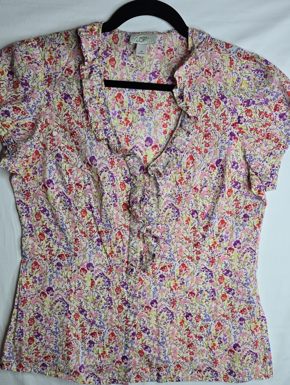 LOFT Floral Ruffle Tie-Front Short Sleeve Top - Pink, Purple, Red, Cream